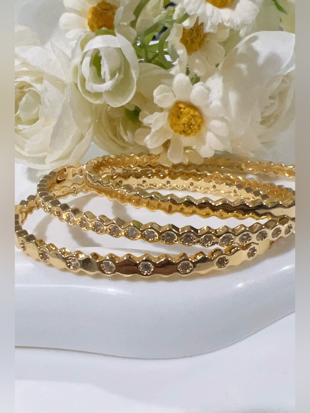 Gold Stackable Wavy Set with Crystal-Accent Women's Bangle Bracelets